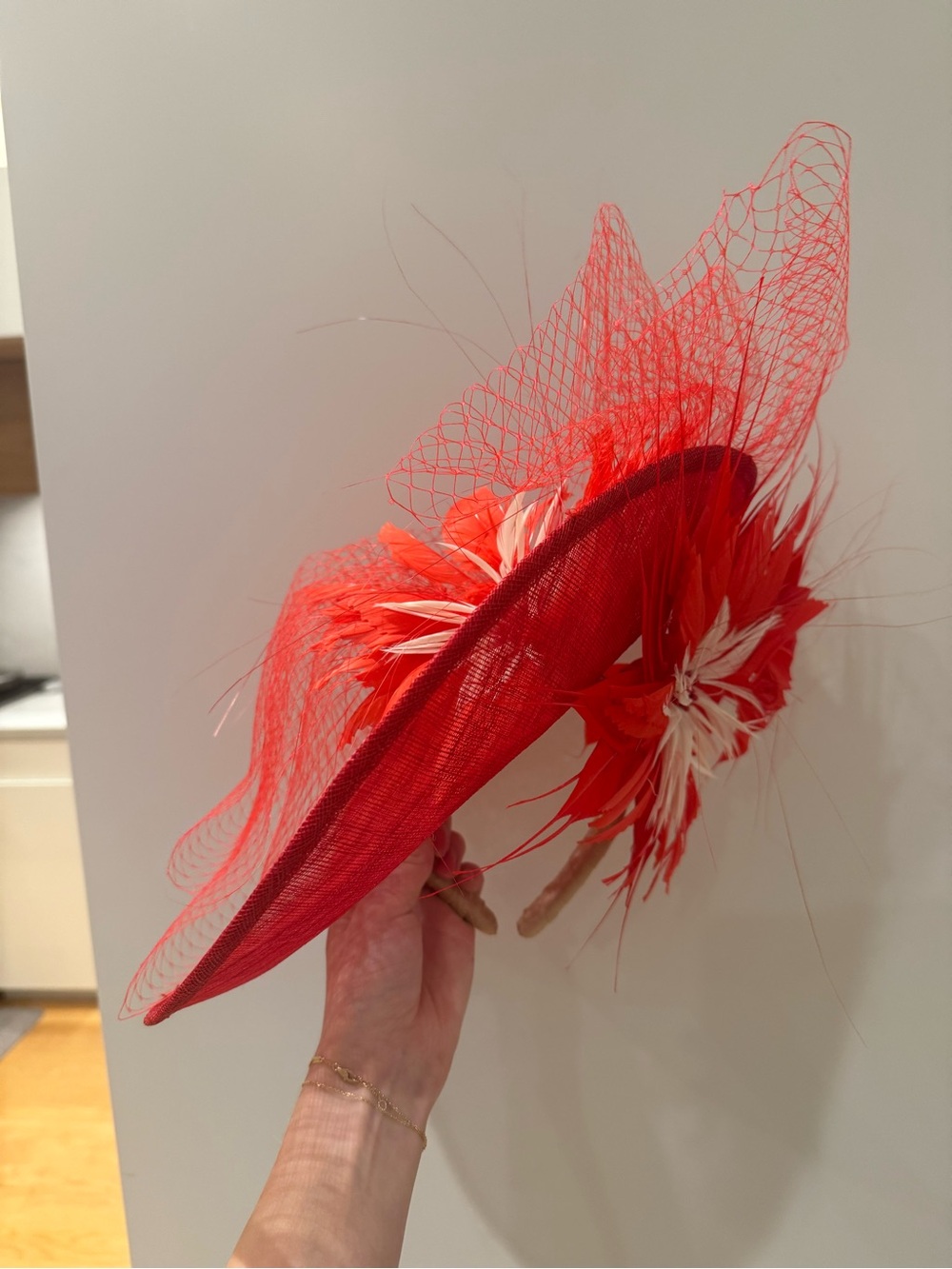 Red Feathered Fascinator Hat with Net Detail
